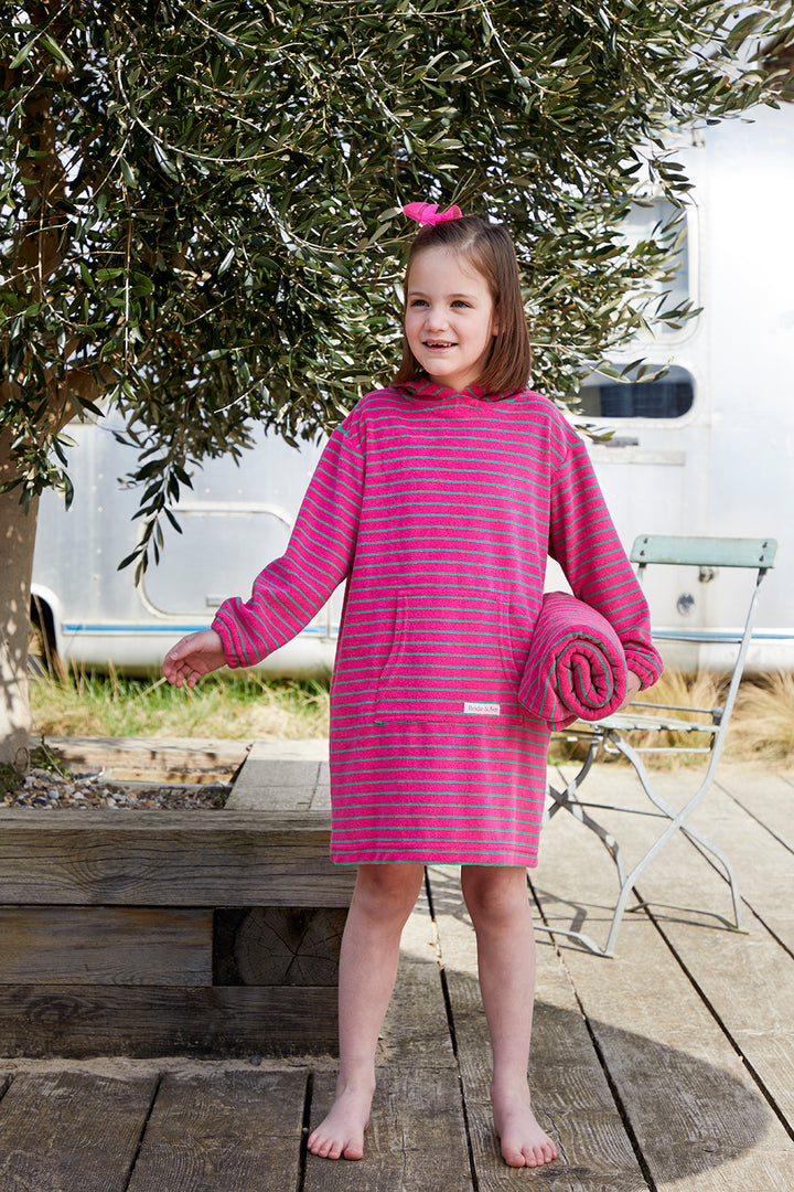Childrens Striped Towelling Hooded Beach Robe | Fuchsia & Apple