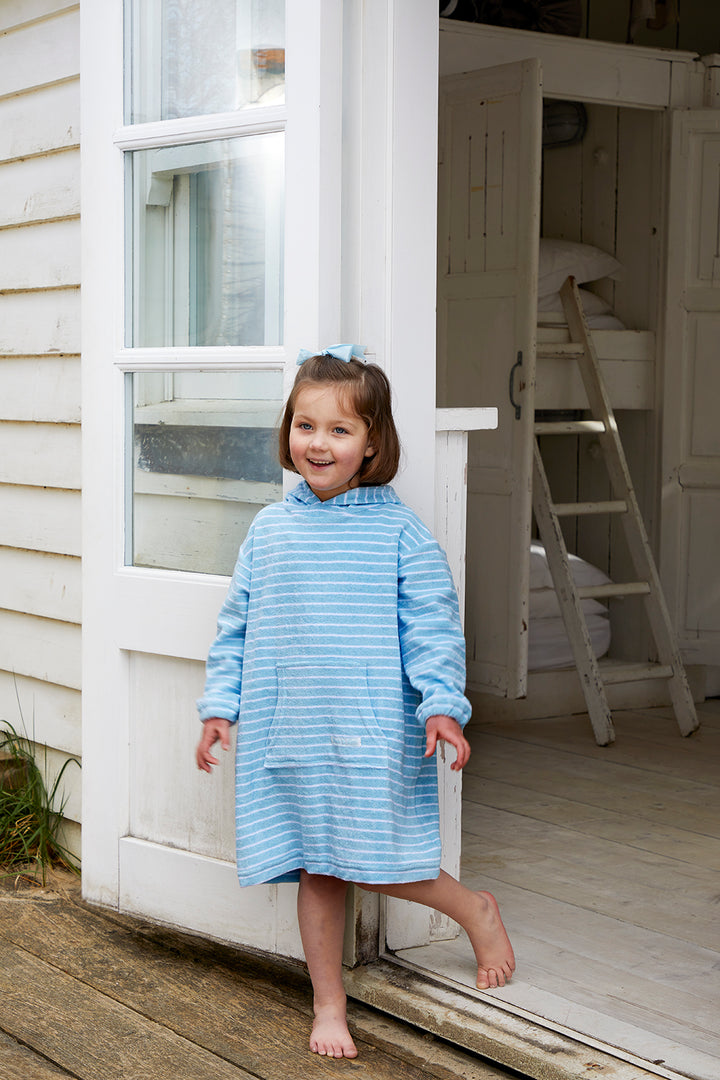 Childrens Striped Towelling Hooded Beach Robe | Sky & White