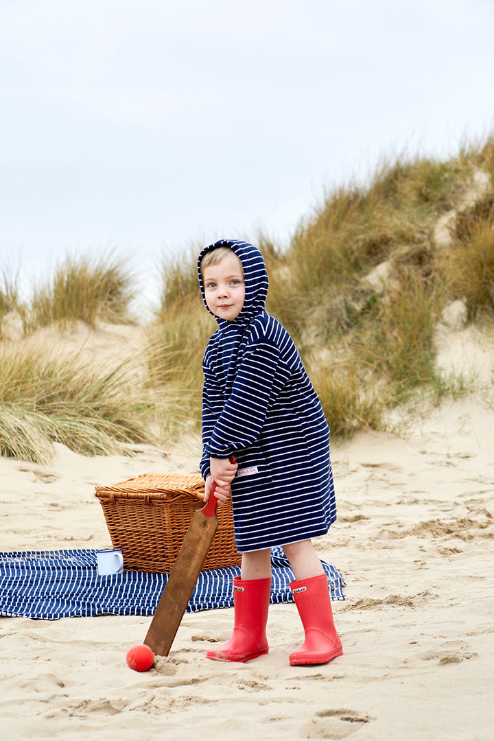 Childrens Striped Towelling Hooded Beach Robe | Navy & White