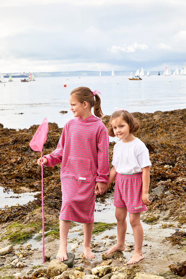 Childrens Striped Towelling Hooded Beach Robe | Fuchsia & Apple