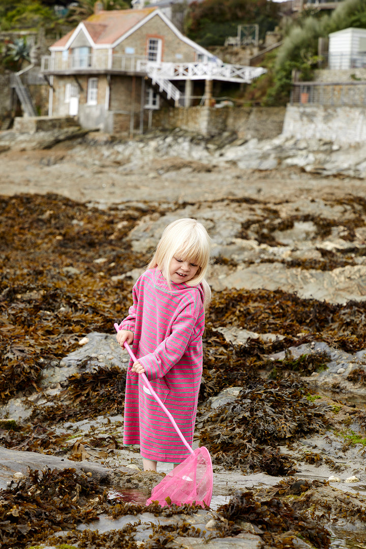 Childrens Striped Towelling Hooded Beach Robe | Fuchsia & Apple