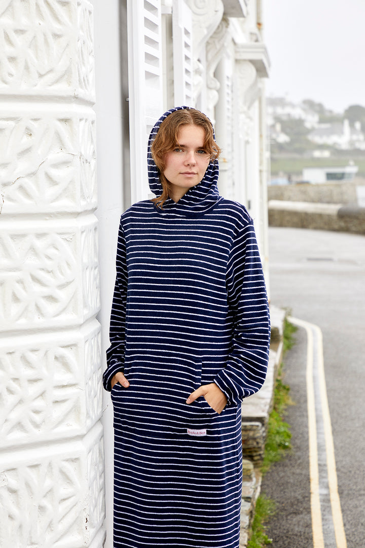 Jamie Striped Towelling Hooded Robe | Navy & White
