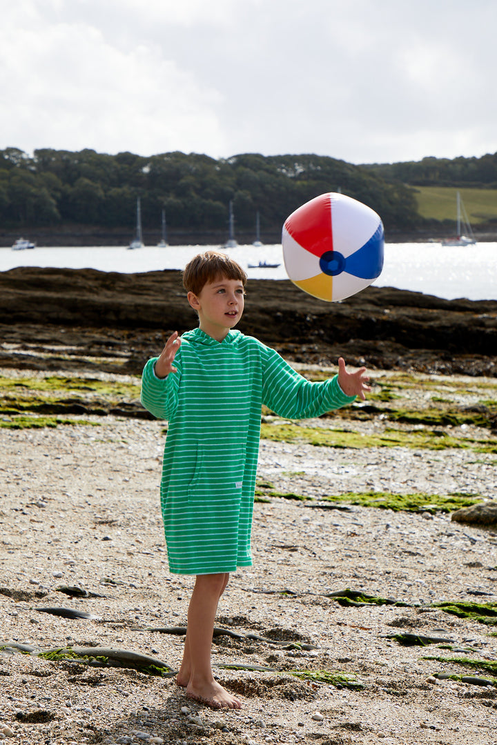 Childrens Striped Towelling Hooded Beach Robe | Apple & White