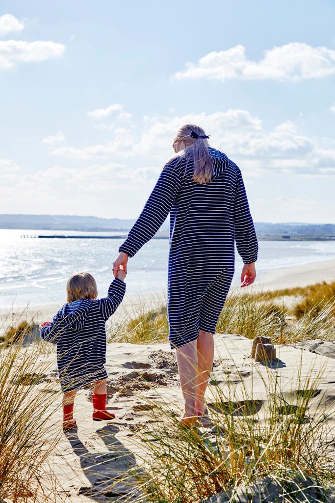 Jamie Striped Towelling Hooded Robe | Navy & White