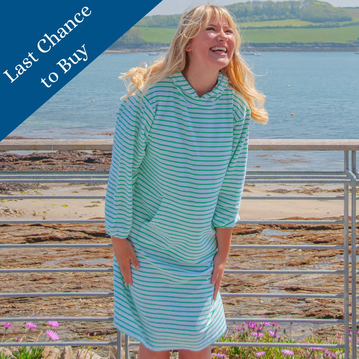 Jamie Striped Towelling Hooded Robe | White & Apple