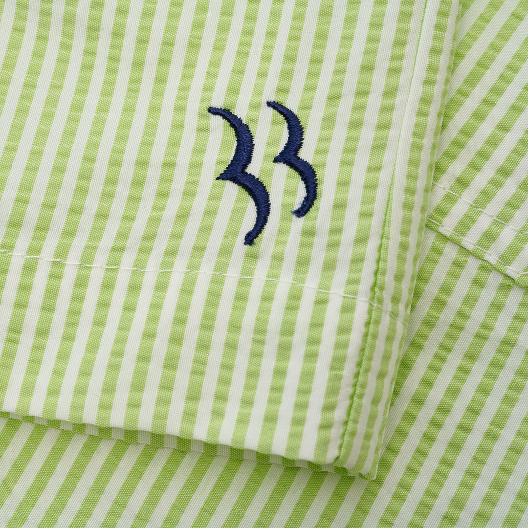 Mens Seersucker Swimming Trunks | Pale Green with Embroidery