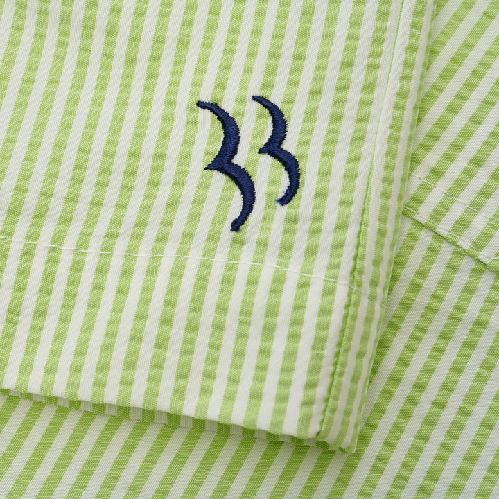 Mens Seersucker Swimming Trunks | Pale Green with Embroidery