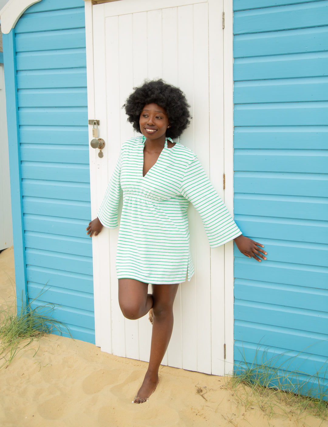 Bridie Striped Towelling Beach Dress / Cover Up | White & Apple