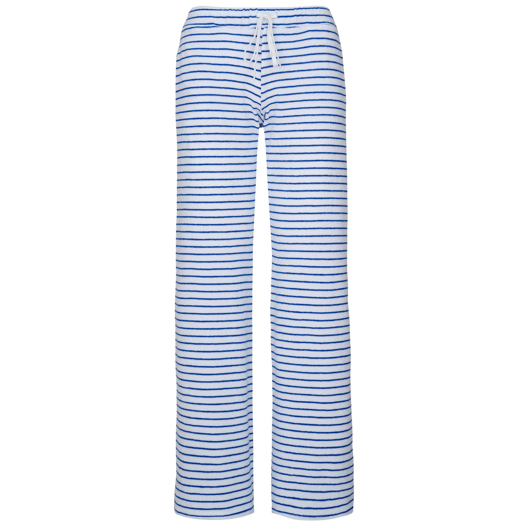 Womens Striped Towelling Wide Leg Jogging Bottoms | White & Marine