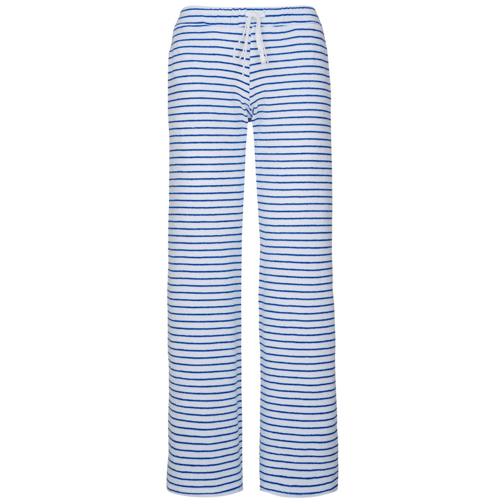 Womens Striped Towelling Wide Leg Jogging Bottoms | White & Marine