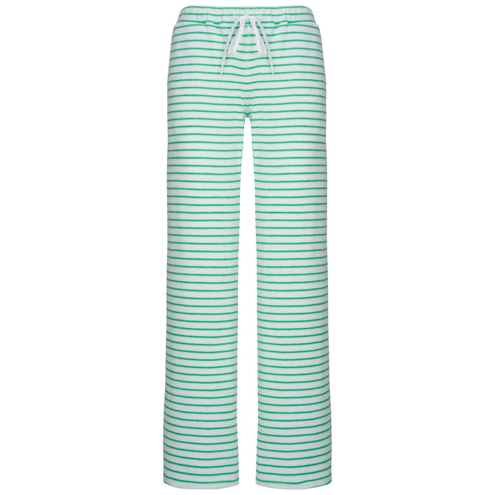 Womens Striped Towelling Wide Leg Jogging Bottoms | White & Apple
