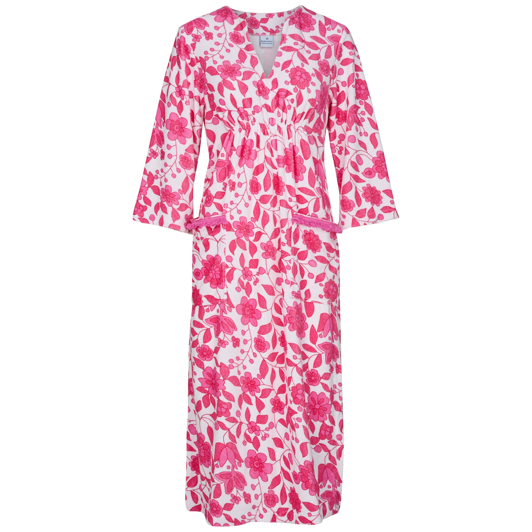 Victoria Floral Towelling Beach Dress / Cover Up | Fuchsia Floral, Fuchsia Trim