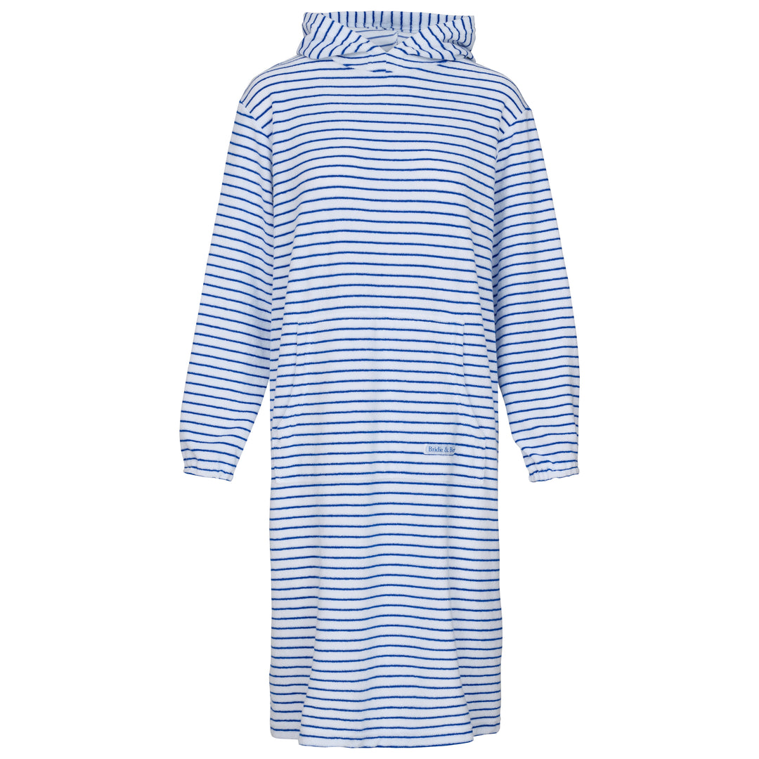 Childrens Striped Towelling Hooded Beach Robe | White & Marine