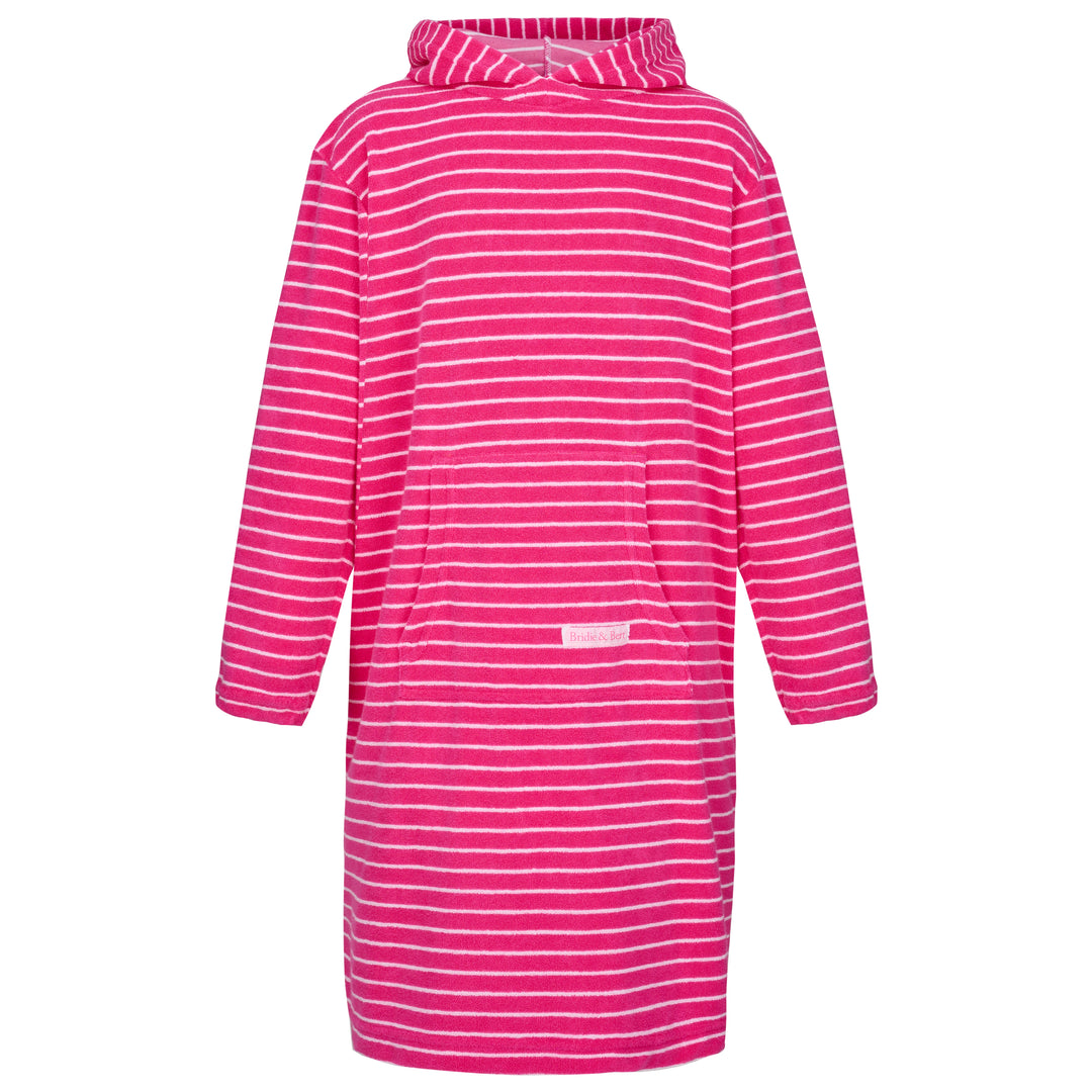 Childrens Striped Towelling Hooded Beach Robe | Fuchsia & White