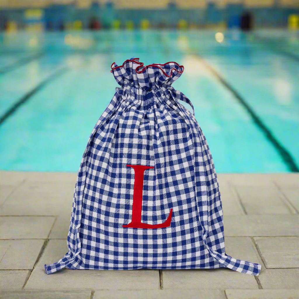 Lined Gingham Drawstring Bag | Blue