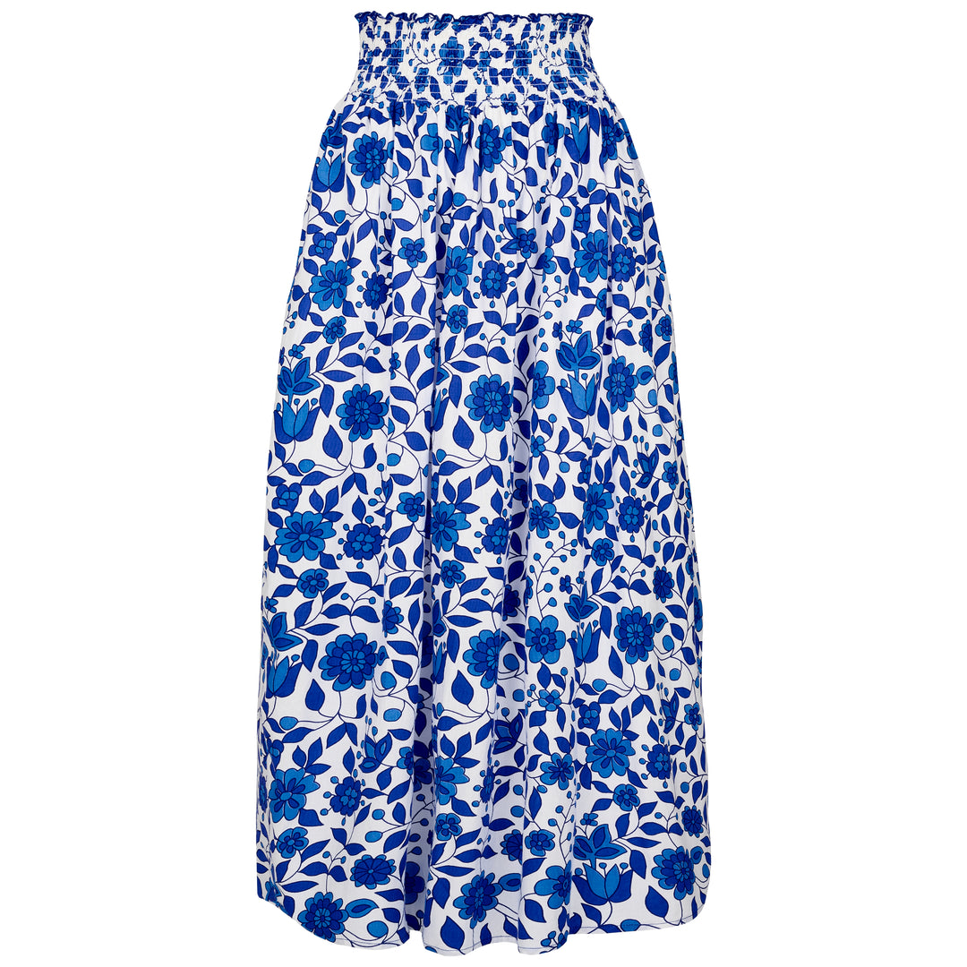 Cotton Floral Skirt With Wide Elasticated Waist | Marine