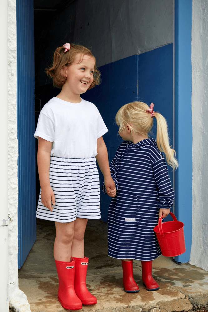 Childrens Striped Towelling Shorts | White & Navy