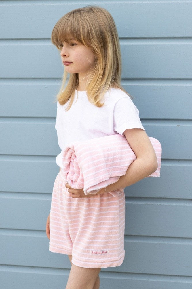 Childrens Striped Towelling Shorts | Rose & White