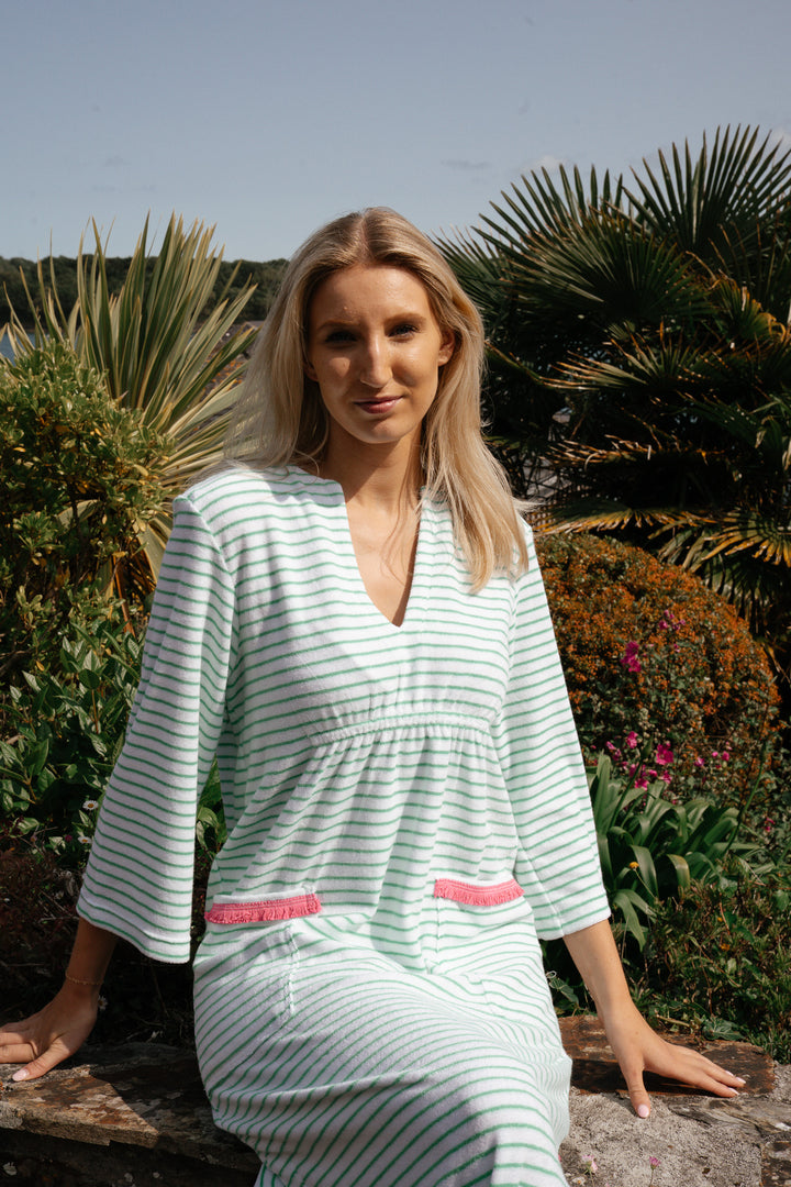 Victoria Striped Towelling Beach Dress / Cover Up | White & Apple, Fuchsia Trim