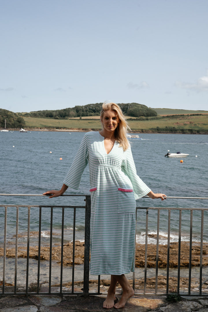 Victoria Striped Towelling Beach Dress / Cover Up | White & Apple, Fuchsia Trim
