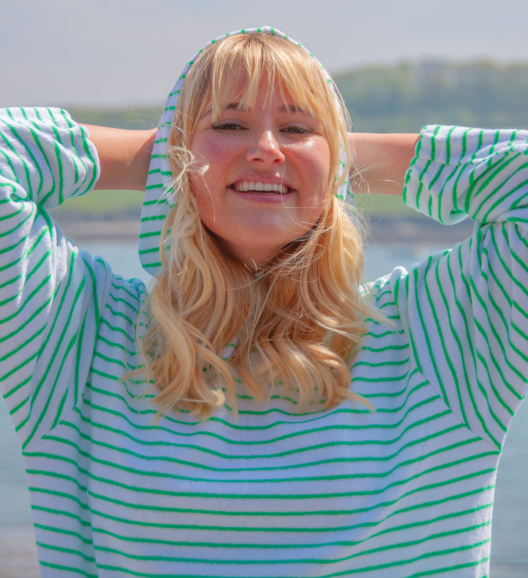 Jamie Striped Towelling Hooded Robe | White & Apple