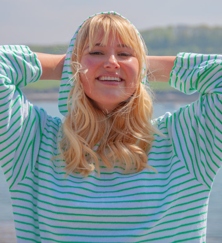 Jamie Striped Towelling Hooded Robe | White & Apple