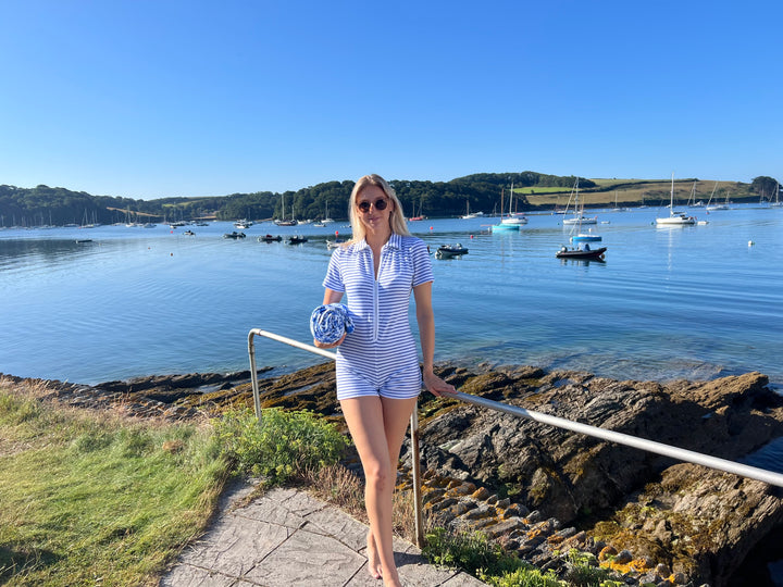 Danni Striped Towelling Jumpsuit | White & Marine