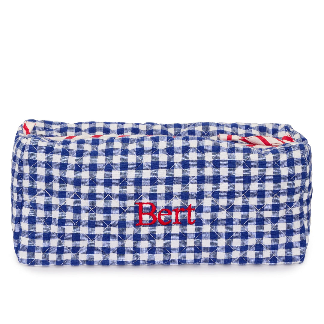Embroidered Quilted Gingham Wash Bag With Internal Pockets | Blue