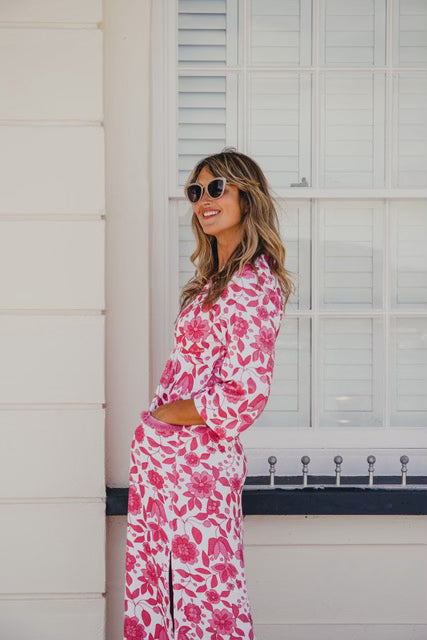 Victoria Floral Towelling Beach Dress / Cover Up | Fuchsia Floral, Fuchsia Trim