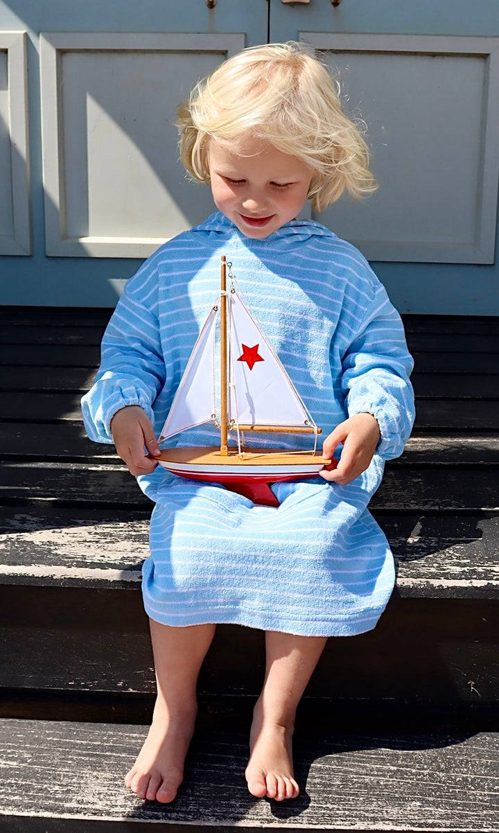Childrens Striped Towelling Hooded Beach Robe | Sky & White