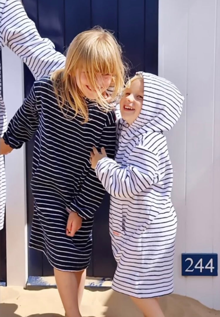 Childrens Striped Towelling Hooded Beach Robe | Navy & White