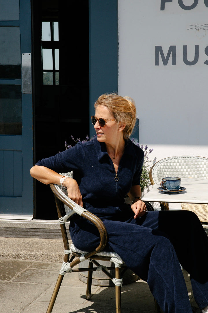'Honor' Wide Leg Jumpsuit - Navy Stretch Towelling