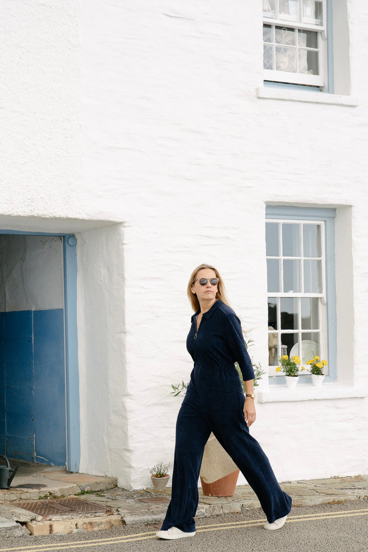'Honor' Wide Leg Jumpsuit - Navy Stretch Towelling
