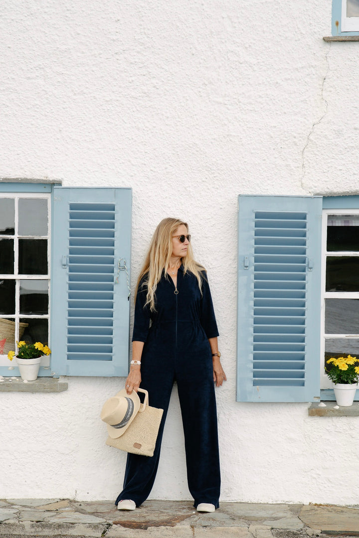 'Honor' Wide Leg Jumpsuit - Navy Stretch Towelling