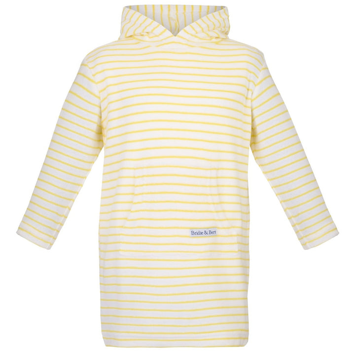 Childrens Striped Towelling Hooded Beach Robe | White & Lemon
