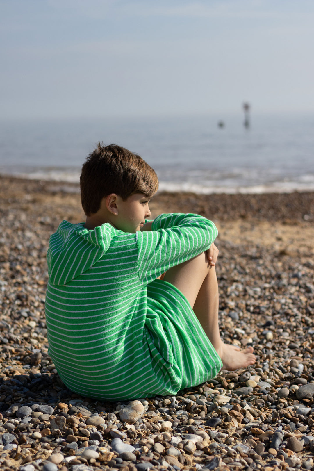 Childrens Striped Towelling Hooded Beach Robe | Apple & White