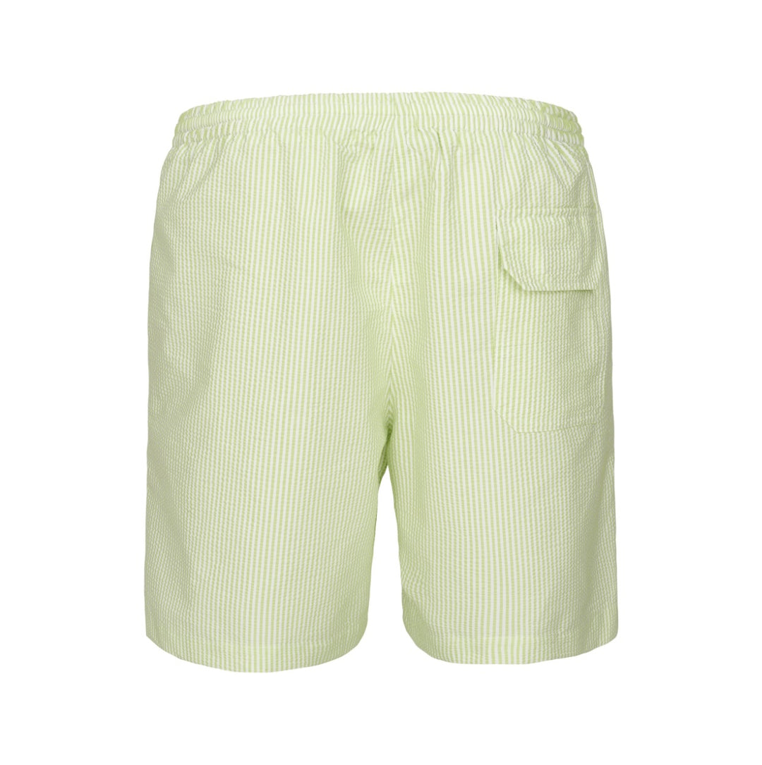 back of Mens Seersucker Swimming Trunks | Pale Green showing back pocket
