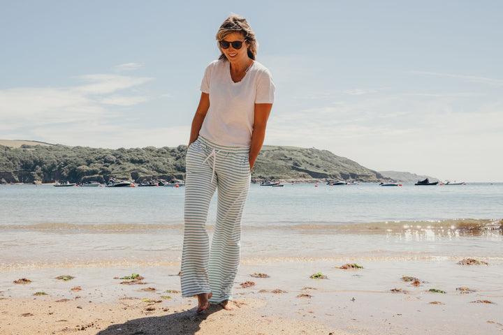 Womens Striped Towelling Wide Leg Jogging Bottoms | White & Apple