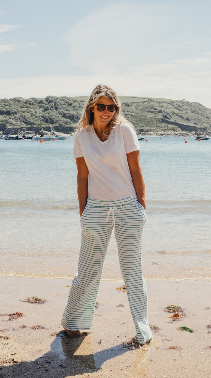 Womens Striped Towelling Wide Leg Jogging Bottoms | White & Apple