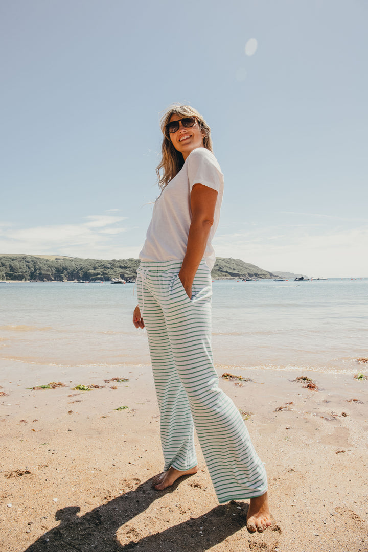 Womens Striped Towelling Wide Leg Jogging Bottoms | White & Apple
