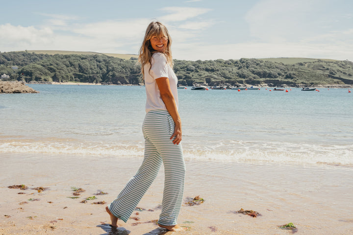 Womens Striped Towelling Wide Leg Jogging Bottoms | White & Apple
