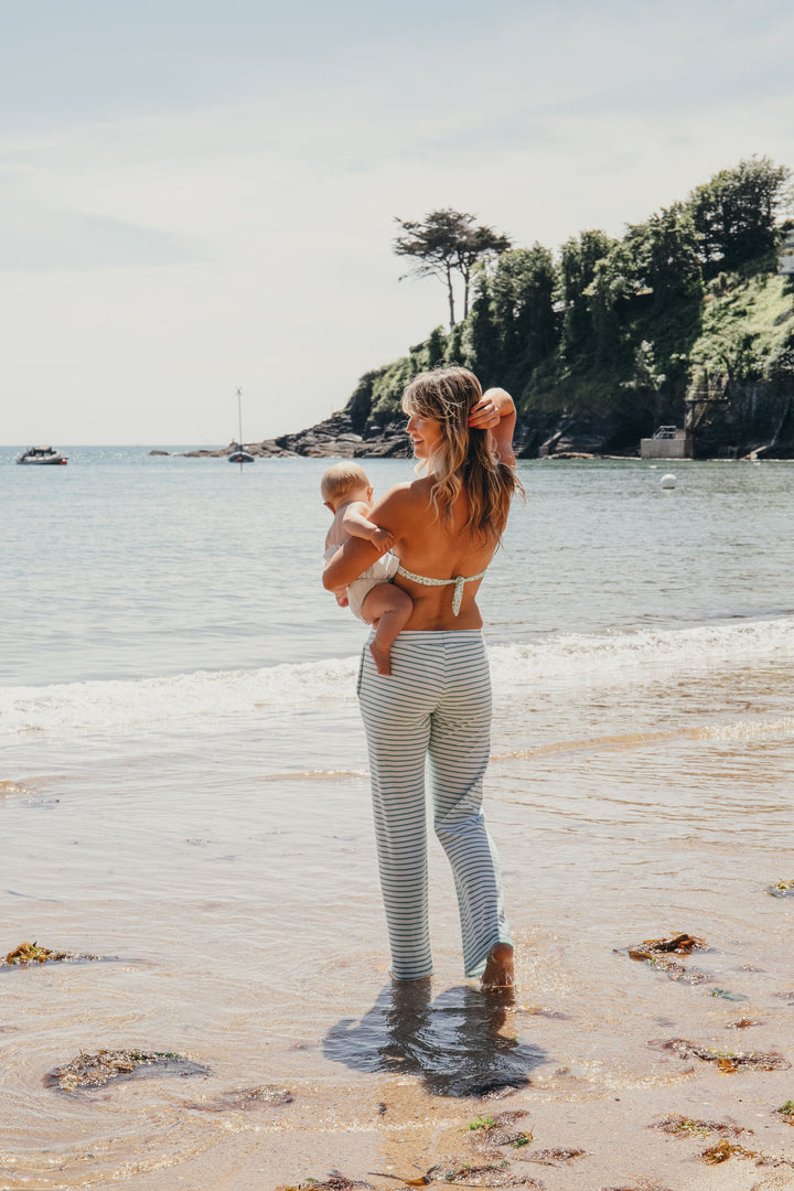 Womens Striped Towelling Wide Leg Jogging Bottoms | White & Apple