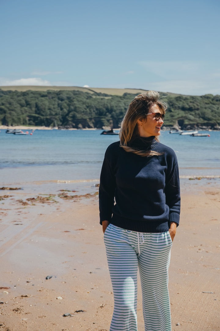 Womens Striped Towelling Wide Leg Jogging Bottoms | White & Marine