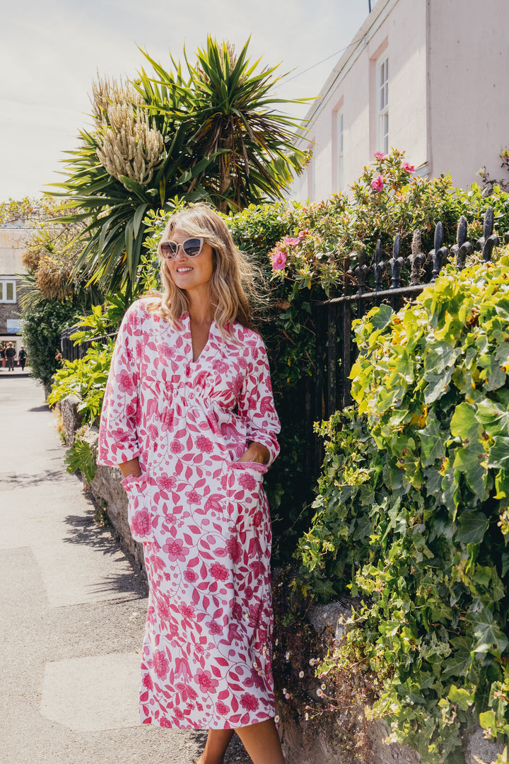 Victoria Floral Towelling Beach Dress / Cover Up | Fuchsia Floral, Fuchsia Trim
