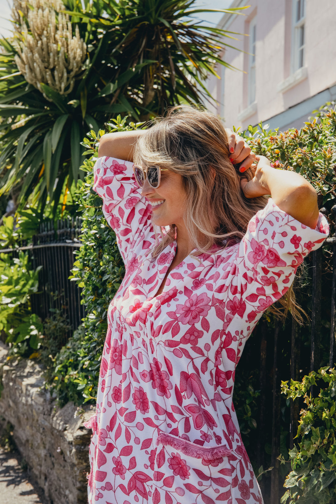 Victoria Floral Towelling Beach Dress / Cover Up | Fuchsia Floral, Fuchsia Trim