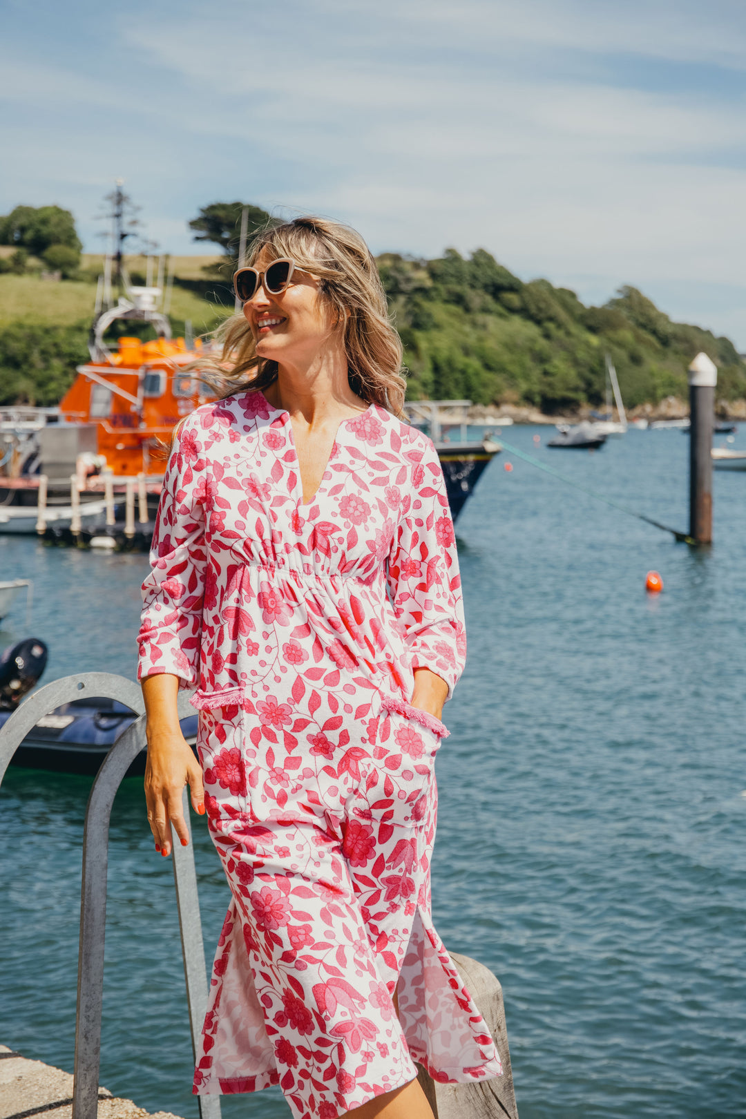 Victoria Floral Towelling Beach Dress / Cover Up | Fuchsia Floral, Fuchsia Trim