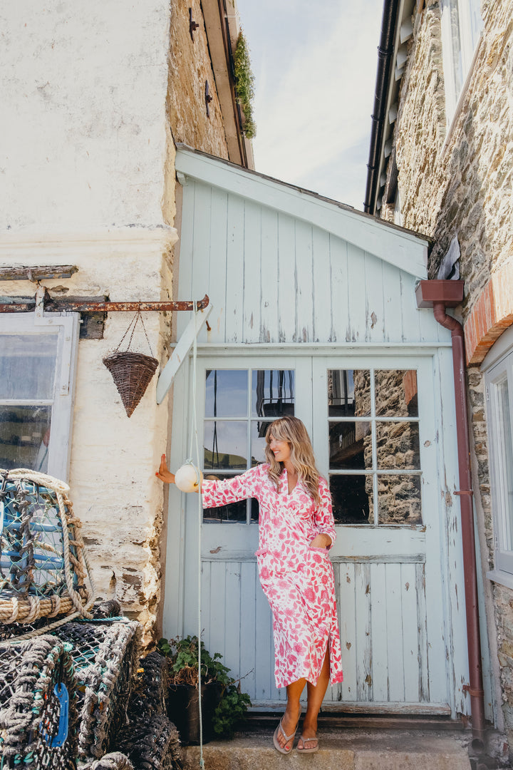 Victoria Floral Towelling Beach Dress / Cover Up | Fuchsia Floral, Fuchsia Trim