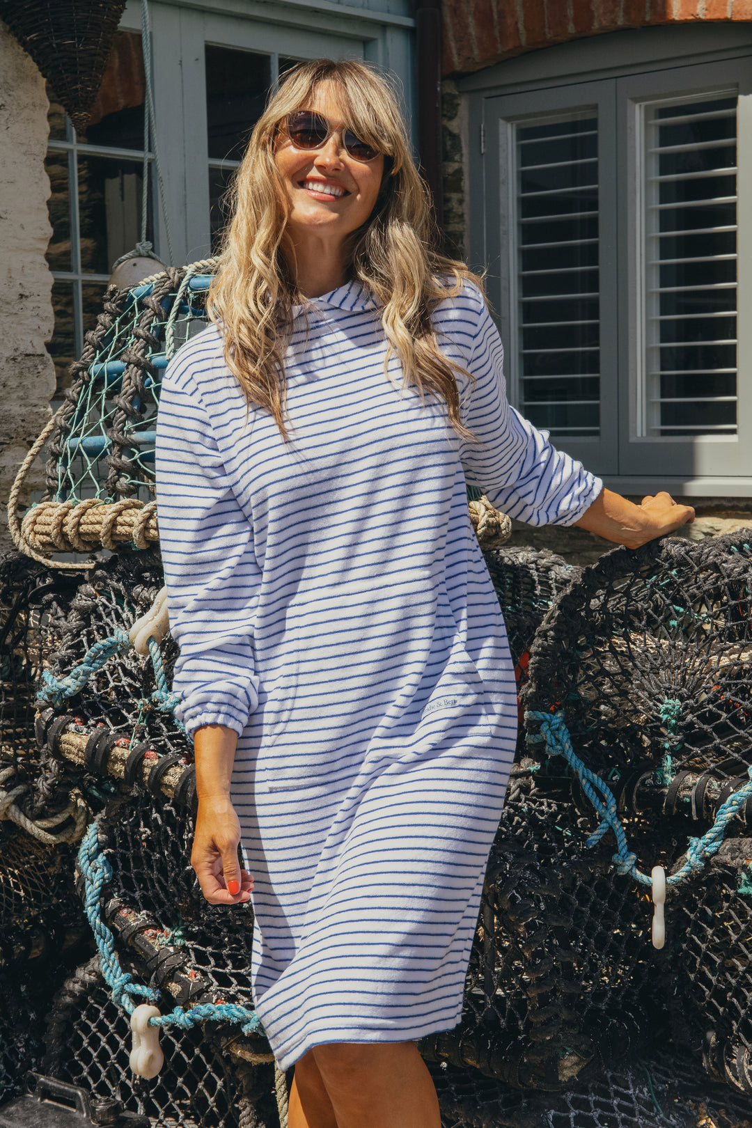 Jamie Striped Towelling Hooded Robe | White & Marine