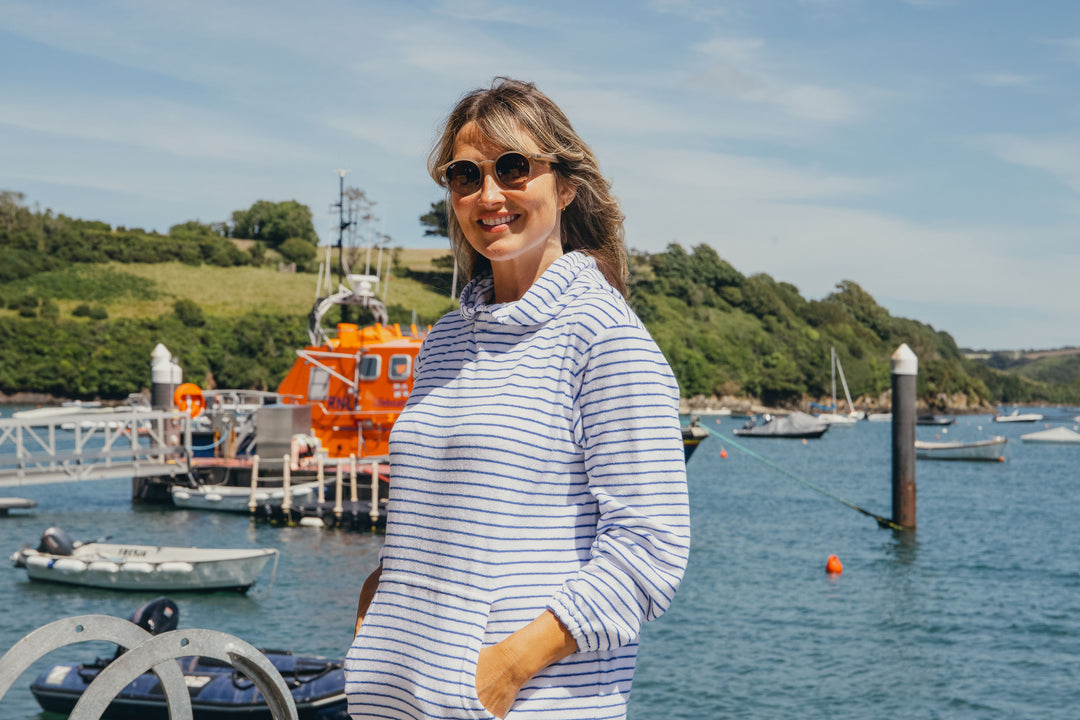 Jamie Striped Towelling Hooded Robe | White & Marine