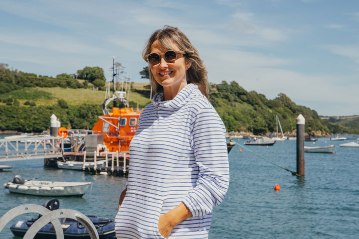 Jamie Striped Towelling Hooded Robe | White & Marine